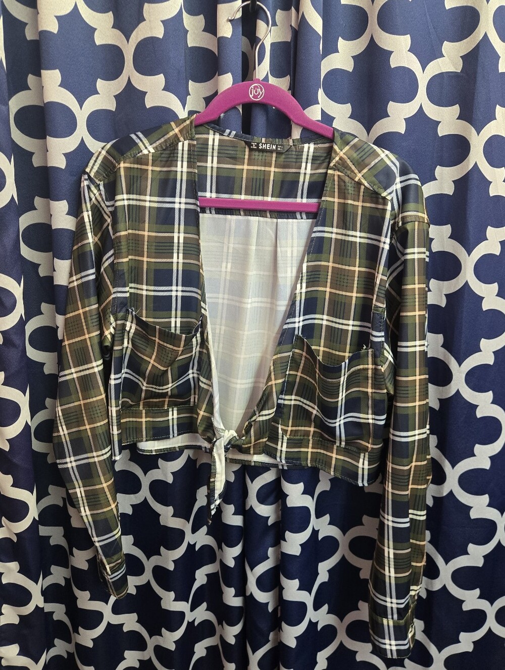 SHEIN Olive Green Plaid Tie-Front Crop Size Largw